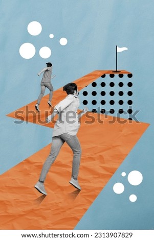 Vertical collage of two people concurrent running way fantasy imagination flag finish competition goal isolated on blue color background