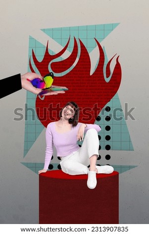 Funny woman collage picture dreaming sitting podium explore nature watching flying butterfly isolated over red flame text background