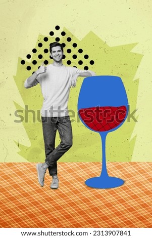 Photo comics collage picture of smiling guy recommending good wine isolated creative background