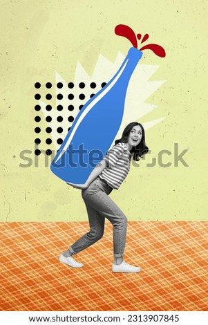 Vertical collage picture of excited mini black white colors girl arms hold big wine bottle isolated on creative background