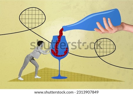 Collage minimal picture of excited lady holding wine glass pouring alcohol isolated creative background