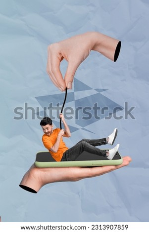 Magazine collage image of funky guy hanging rope falling modern device screen isolated grey color background