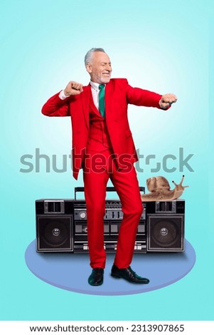 Collage artwork graphics picture of funky carefree guy listening boom box having fun dancing isolated painting background