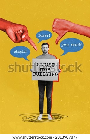 Vertical collage of arm point finger thumb down loser stupid you suck words mini black white effect guy hold please stop bullying poster