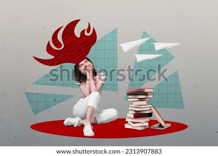 Artwork sketch 3d collage of lovely happy cute girl sitting preparing exam dreaming summer holiday isolated on drawing color background