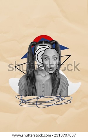 Sketch artwork collage template of unusual girl weird face impressed shocked interesting announcement isolated on painted color background