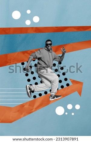 Vertical collage picture of positive black white colors guy running arrow pointer indicator isolated on painted background