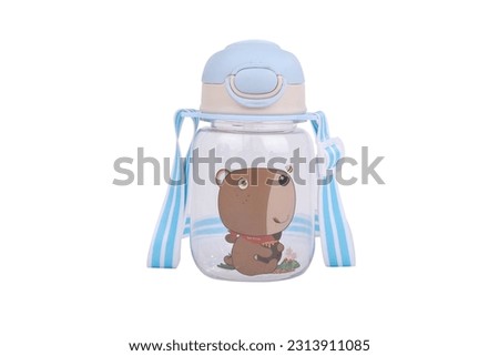 kids water bottle. white background. cartoon kids water bottle transparent. white and blue color kids water flask.