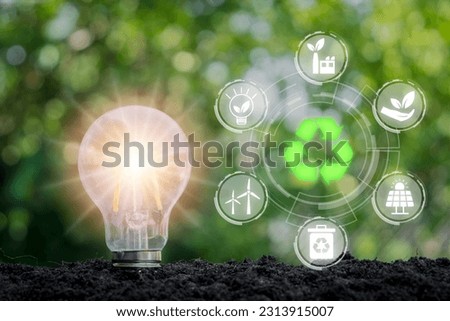 ESG concept of environmental, Light bulb on soil with ESG icon on virtual screen, social and corporate governance concept.