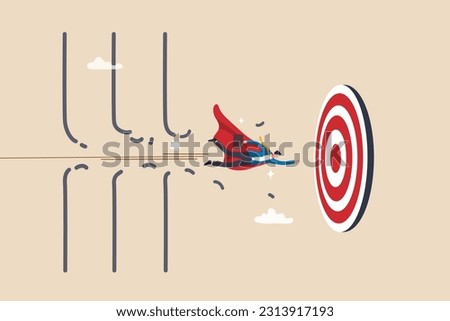 Overcome difficulty or challenge to success, obstacle or problem to solve and achieve target, determination or breakthrough barrier concept, businessman superhero fly through obstacle to reach target. Royalty-Free Stock Photo #2313917193