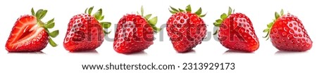 Set of ripe wet strawberries with drops isolated on white background. One berry is cut. Royalty-Free Stock Photo #2313929173