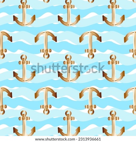 Blue background with anchors.Vector seamless pattern with gold anchors on a blue background.
