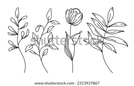 Abstract Leaves and Flowers Set Isolated on White Background. Floral Illustrations Set. Leaf with Textures Minimalist Botanical Drawing. Vector EPS 10. 