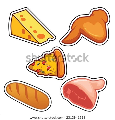 Foods Cartoon Clip Art Vector Set, Cheese Pizza Bread, Meat, Wing
