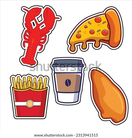 Foods Cartoon Clip Art Vector Set, Lobster, Potato, Coffee, Meat, Pizza