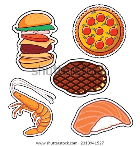 Foods Cartoon Clip Art Vector Set, Hamburger, BBQ, Shrimp, Pizza, Sushi