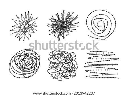 Set or collection of black scribbles with dots, vector design elements. Six elements isolated on white.