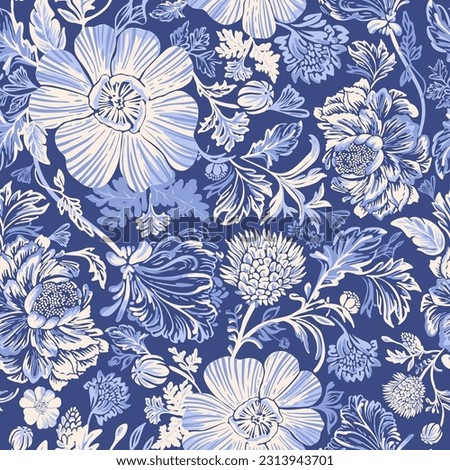 Mediterranean floral seamless pattern in blue colors.