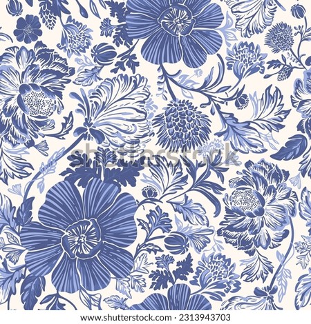 Decorative blue flowers. Seamless pattern. Ethnic pattern. Oriental drawing. Royalty-Free Stock Photo #2313943703