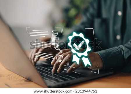 The businessman operates with a focus on quality assurance, guarantee, ISO certification, and standardization, showcasing a commitment to providing top-notch services backed by reliable proof. Royalty-Free Stock Photo #2313944751