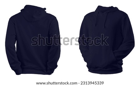 Men's Navy Blue blank hoodie template,from two sides, natural shape on invisible mannequin, for your design mockup for print, isolated on white background Royalty-Free Stock Photo #2313945339