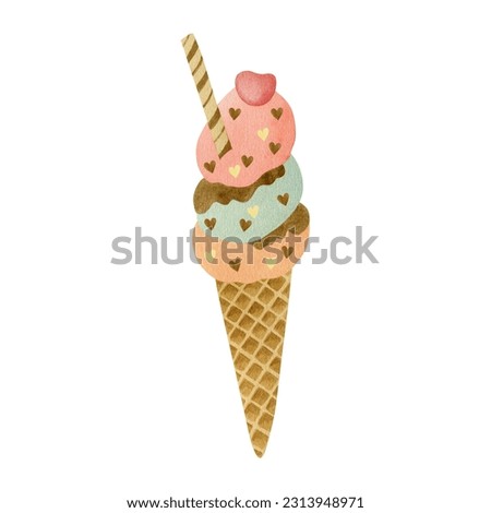 Ice cream isolated watercolor illustrations on white background.
