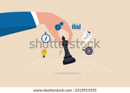 Strategic planning, tactic or strategy to win business competition, marketing analysis or challenge to achieve target, decision based on information concept, businessman hand on strategic chess king. Royalty-Free Stock Photo #2313951935