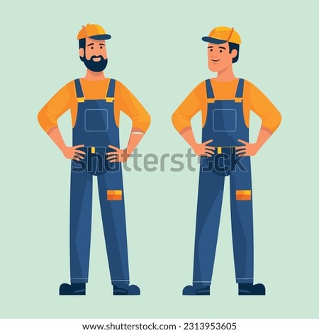 two construction workers in overalls and beards standing, in the style of distinctive character design, flat perspective, light navy and orange, handsome Royalty-Free Stock Photo #2313953605