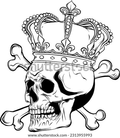 vector illustration of monochrome skull with crown on white background