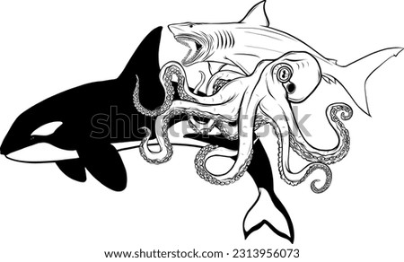vector illustration of monochrome Collection of Sea Animals