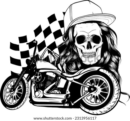 vector monochromatic illustration of custom Motorcycle with woman skull and race flag