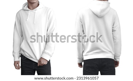 Man hoody set, White hoody front and back view, hood mock up. Empty male hoody copy space. Front and rear background Royalty-Free Stock Photo #2313961057