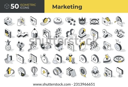Set of isometric icons of marketing. Represents wide range of commerce-related concepts with an emphasis on attracting audiences, driving business growth, seo, analysis tools