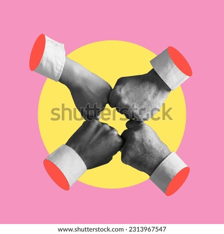 Composite collage image of four people's hands on a pink background as a team. The concept of business and team development. Royalty-Free Stock Photo #2313967547