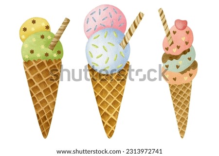 Ice cream set of watercolor illustrations.