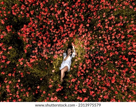 Beautiful girl posing in a poppy field. A woman in a white dress stands among the flowers. The young girl smiles. The concept of happiness. Rest in a summer meadow of poppy flowers
