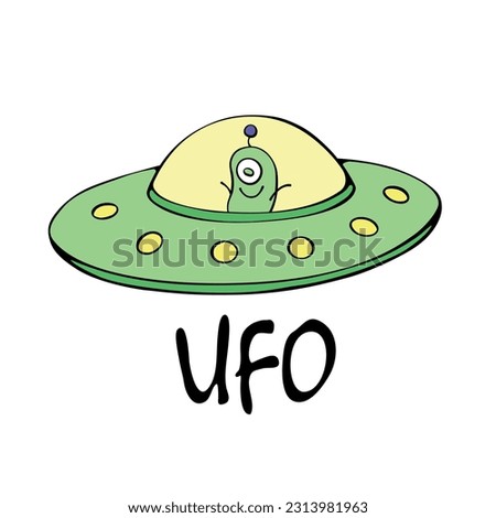 Cartoon cute funny Alien in Flying Saucer, UFO. Simple color vector illustration, icon in flat doodle style.
