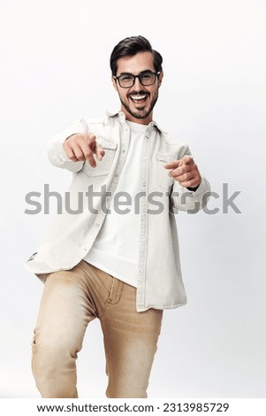 Man portrait in glasses smile with teeth joy on a white isolated background, fashionable clothing style, copy space, space for text