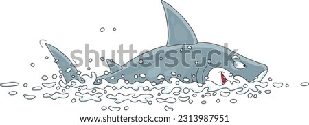 Funny hungry great white shark swimming and hunting in a tropical sea, vector cartoon illustration isolated on a white background