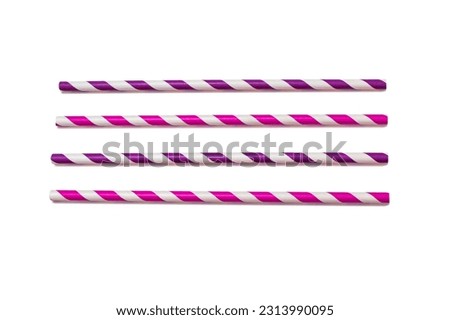 Four multi-colored drinking straws are arranged in parallel on a white isolated background. Paper striped eco-friendly drinking straws Royalty-Free Stock Photo #2313990095