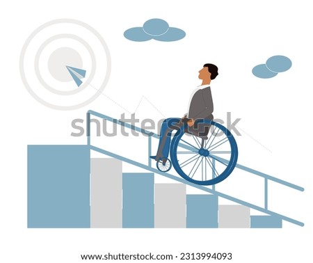 Man in a wheelchair moving up the career ladder. Achievement of the goal. Concept to success. Career growth of a person with disabilities. World disability day. inclusive society.