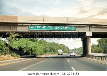 WELCOME TO MOTORWAY road sign on motorway in pakistan