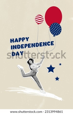 Vertical collage of carefree young lady active have fun happy independence day air balloons summer july holiday isolated on grey background