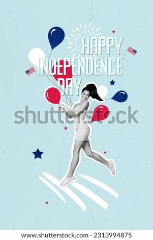 Vertical collage picture of beautiful patriot girl run hold air balloons national parade happy independence day isolated on blue background