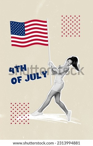 Vertical collage illustration of young woman waving flag striped stars national symbol fourth july national day isolated on grey background