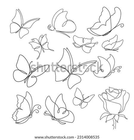 Set of airy linen butterflies, outline and graphic minimalism.