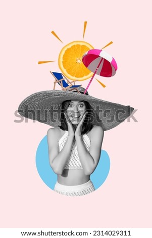 Vertical collage picture of astonished black white effect girl hands touch cheeks straw sunhat mini umbrella lounger orange fruit instead sun