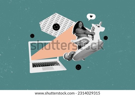 Creative composite artwork collage photo of excited ecstatic girl sit on unicorn inflatable ring receive likes isolated painted background