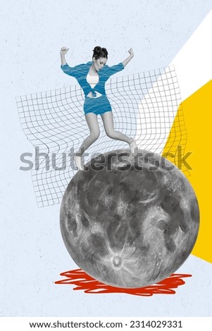 Vertical collage picture of mini black white colors girl gave fun dancing huge full moon isolated on drawing background