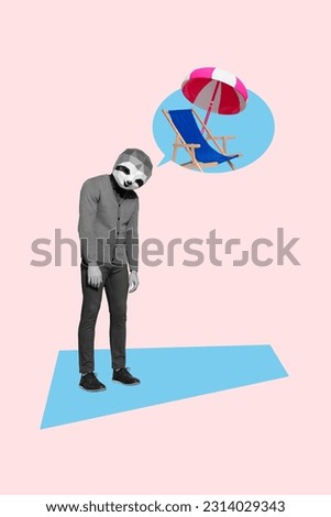 Vertical collage picture of black white effect unsatisfied guy sloth head mind bubble sun parasol lounger isolated on creative background